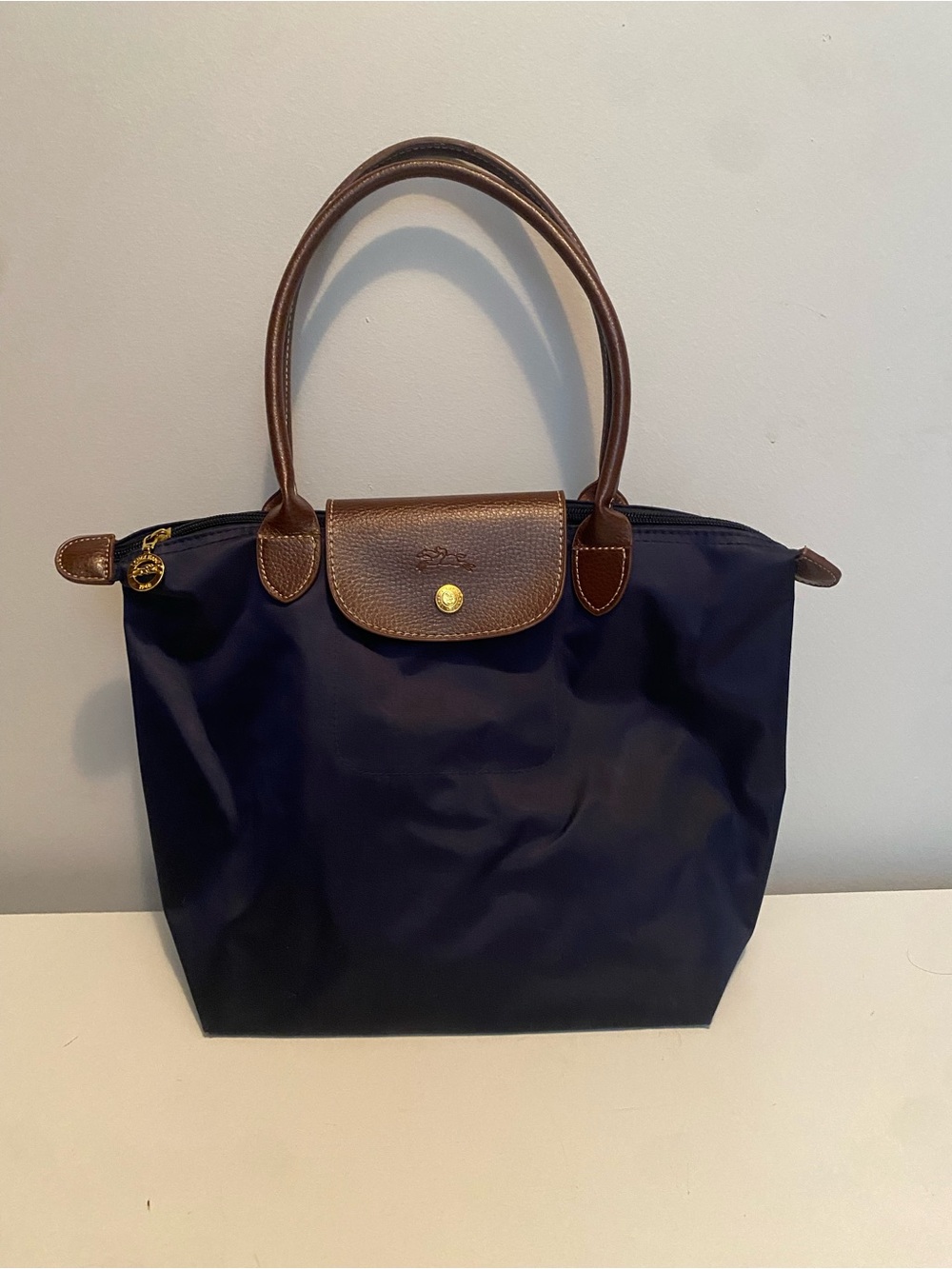 Longchamp Le Pilage navy blue medium size tote